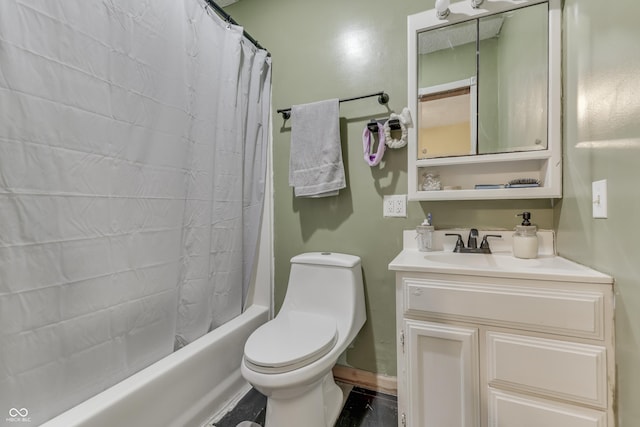 full bathroom featuring wood-type flooring, vanity, toilet, and shower / bathtub combination with curtain