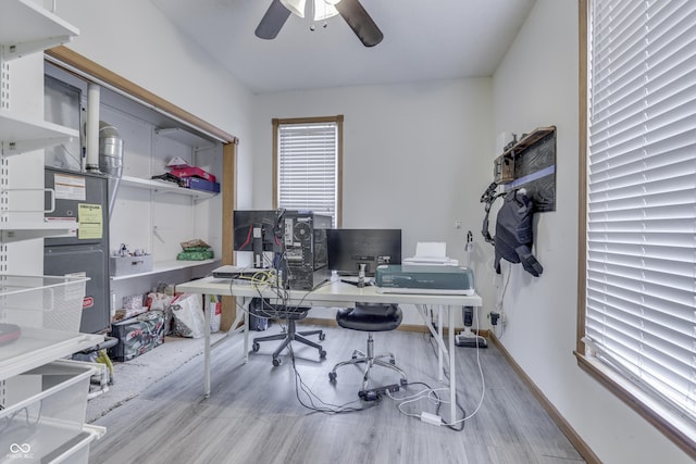 office area with ceiling fan, a healthy amount of sunlight, and light wood-type flooring