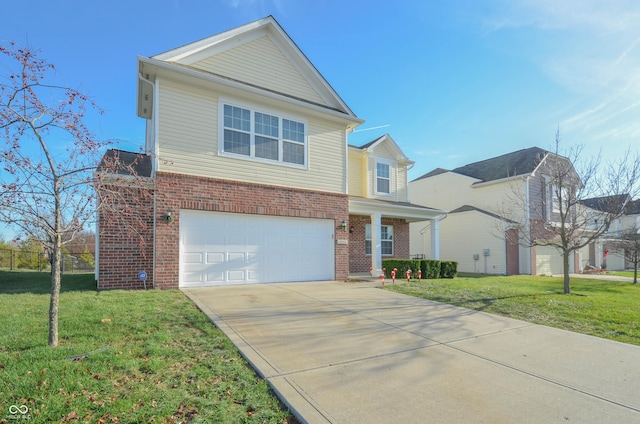 view of front of property featuring a front lawn and a garage