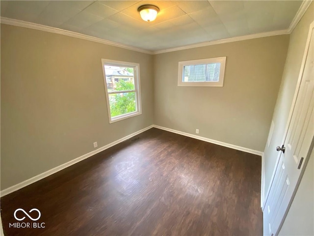 empty room featuring crown molding and dark wood-type flooring