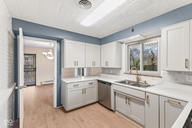 kitchen with white cabinetry, dishwasher, sink, baseboard heating, and light hardwood / wood-style flooring