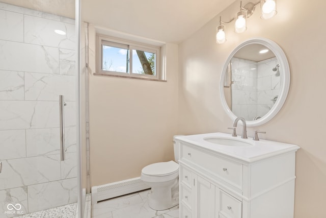 bathroom featuring baseboard heating, vanity, a shower with shower door, and toilet