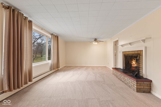 unfurnished living room with ceiling fan, light carpet, a baseboard radiator, and a brick fireplace