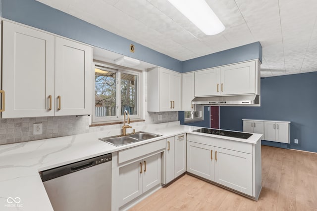 kitchen featuring white cabinets, dishwasher, light wood-type flooring, and sink