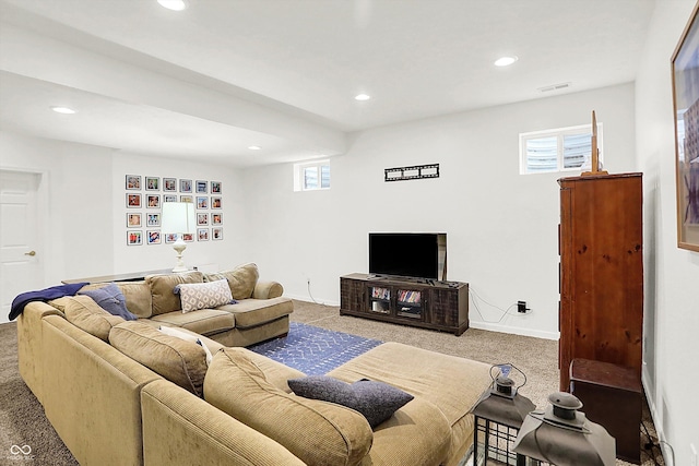 living room featuring a wealth of natural light and carpet