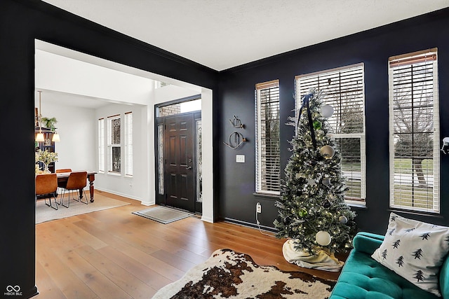 entryway featuring hardwood / wood-style floors and ornamental molding