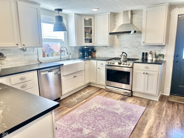 kitchen featuring a sink, light wood-style floors, appliances with stainless steel finishes, and wall chimney exhaust hood