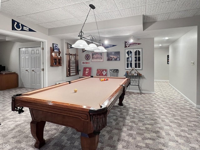 game room with a drop ceiling and carpet flooring