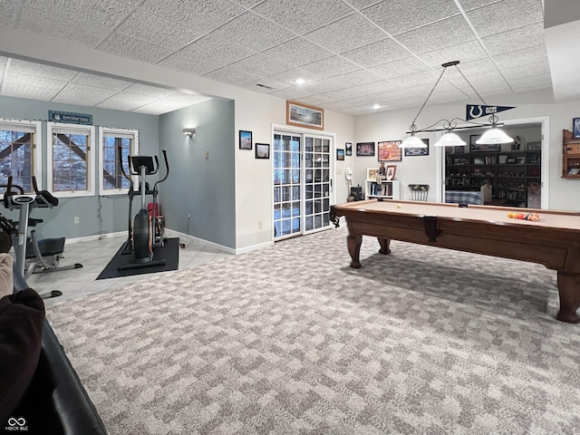 playroom featuring billiards, light colored carpet, and a drop ceiling