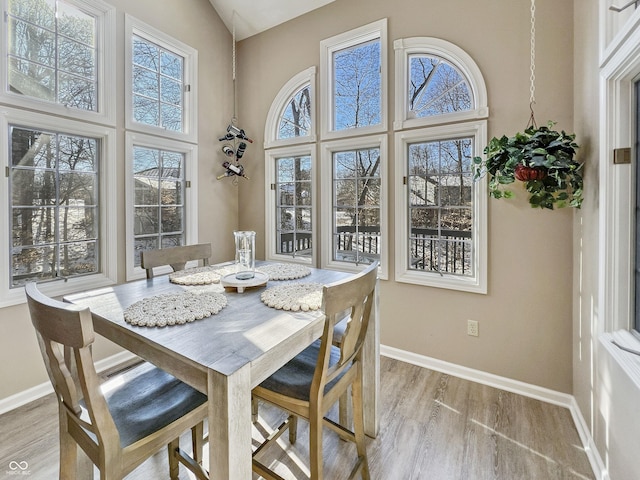 dining room featuring light wood-type flooring and a high ceiling