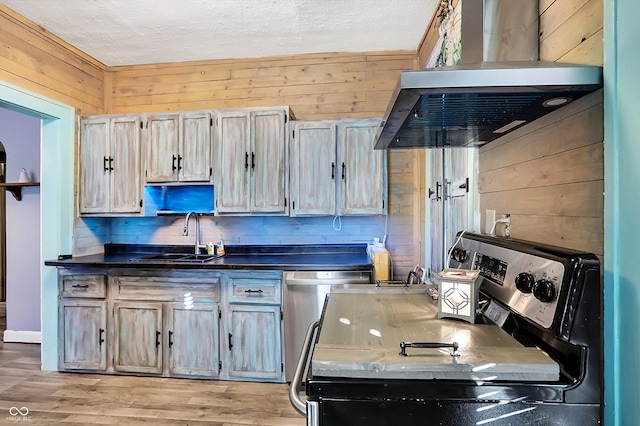 kitchen with exhaust hood, sink, wooden walls, light hardwood / wood-style flooring, and appliances with stainless steel finishes