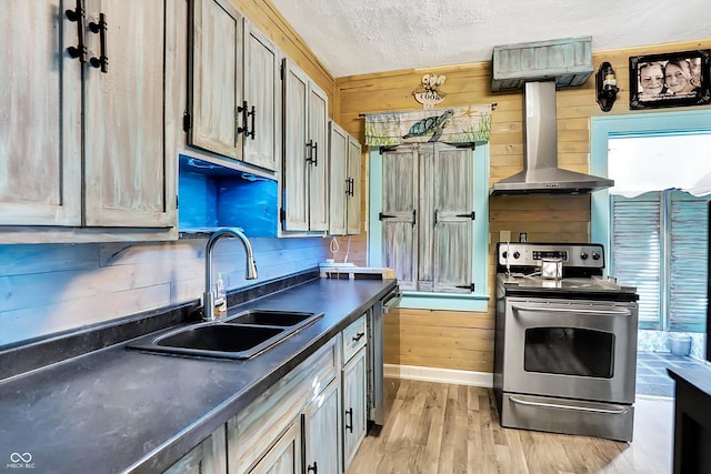 kitchen with a wealth of natural light, stainless steel appliances, extractor fan, sink, and wood walls