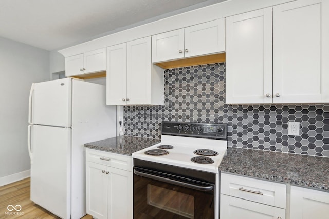 kitchen with white cabinets, light hardwood / wood-style floors, white appliances, and backsplash