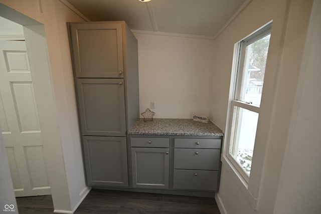 kitchen with gray cabinetry, dark hardwood / wood-style floors, and ornamental molding