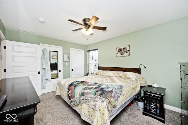 bedroom featuring carpet floors and ceiling fan