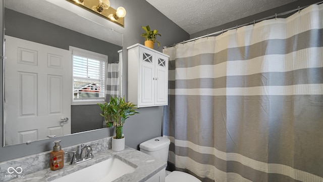 bathroom featuring vanity, a textured ceiling, and toilet