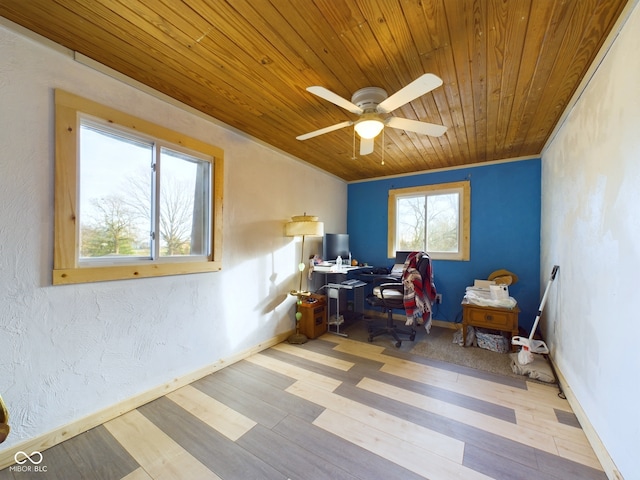 office area featuring light hardwood / wood-style flooring, ceiling fan, crown molding, and wood ceiling