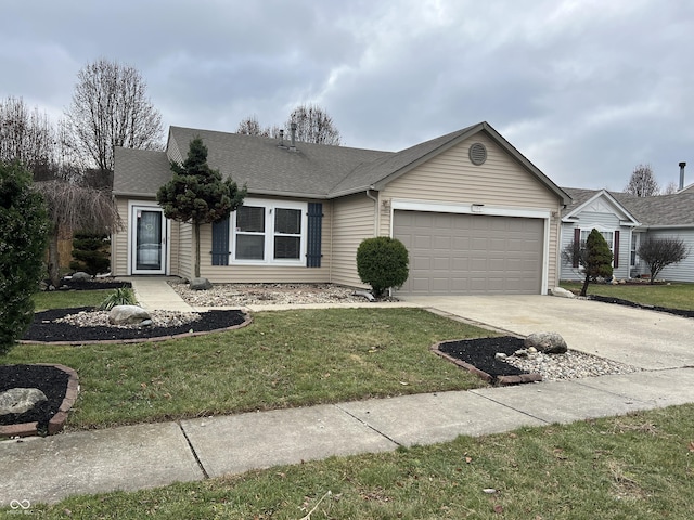 ranch-style house with a front yard and a garage