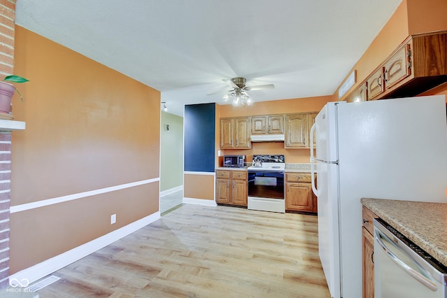 kitchen featuring ceiling fan, stainless steel dishwasher, white range with electric cooktop, refrigerator, and light hardwood / wood-style floors