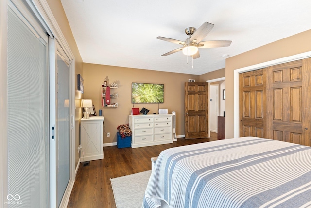 bedroom featuring ceiling fan and dark wood-type flooring