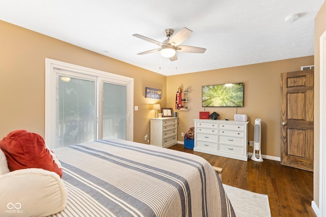 bedroom featuring access to exterior, ceiling fan, and dark hardwood / wood-style floors