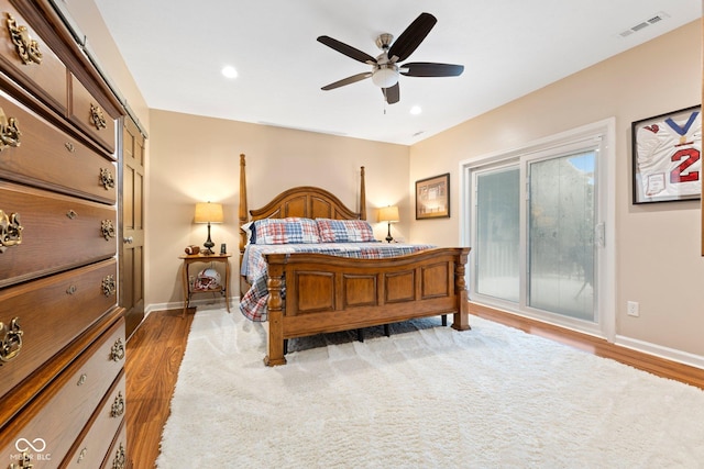 7701 Center Lake Rd, Nineveh, IN 46164 - bedroom featuring access to outside, light wood-style flooring, recessed lighting, and a ceiling fan