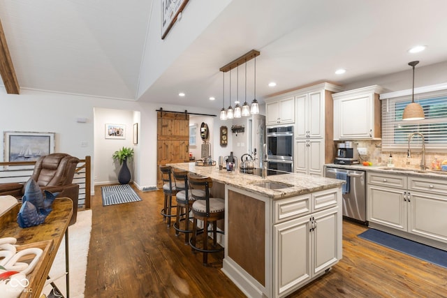 kitchen with appliances with stainless steel finishes, sink, pendant lighting, a barn door, and a center island with sink