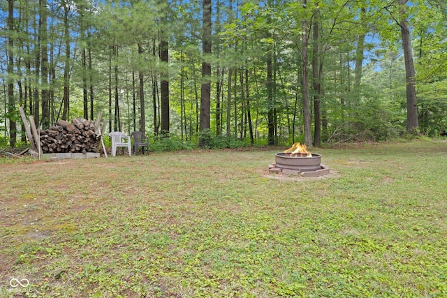 view of yard with a fire pit