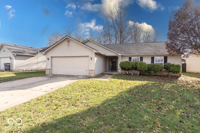 ranch-style home with a front yard and a garage