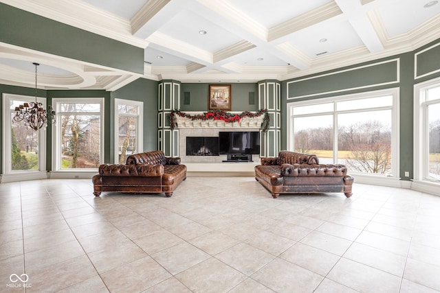 tiled living room with beamed ceiling, a chandelier, crown molding, and coffered ceiling