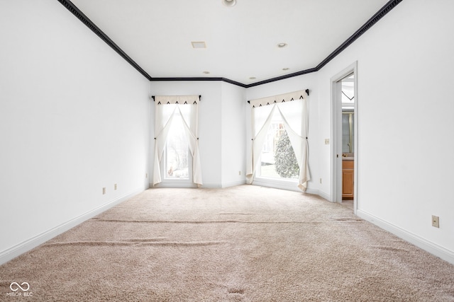 unfurnished room with light colored carpet and crown molding