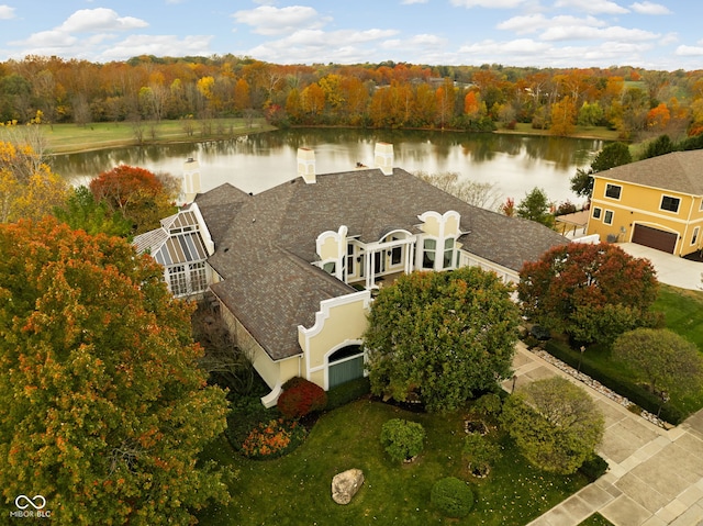 bird's eye view with a water view