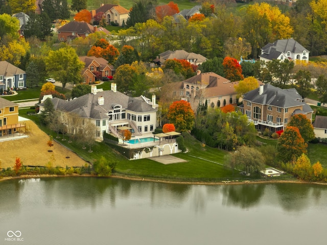 drone / aerial view featuring a water view