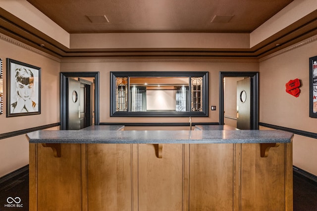 interior space with bar and crown molding