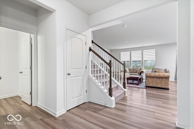 stairs with hardwood / wood-style floors