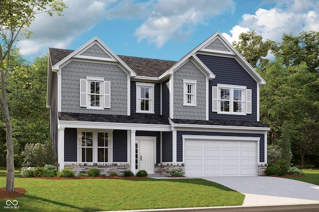 craftsman-style house with concrete driveway, stone siding, roof with shingles, an attached garage, and a front lawn