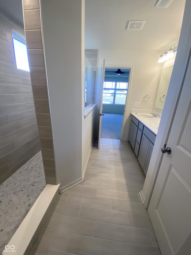 bathroom featuring vanity and a tile shower