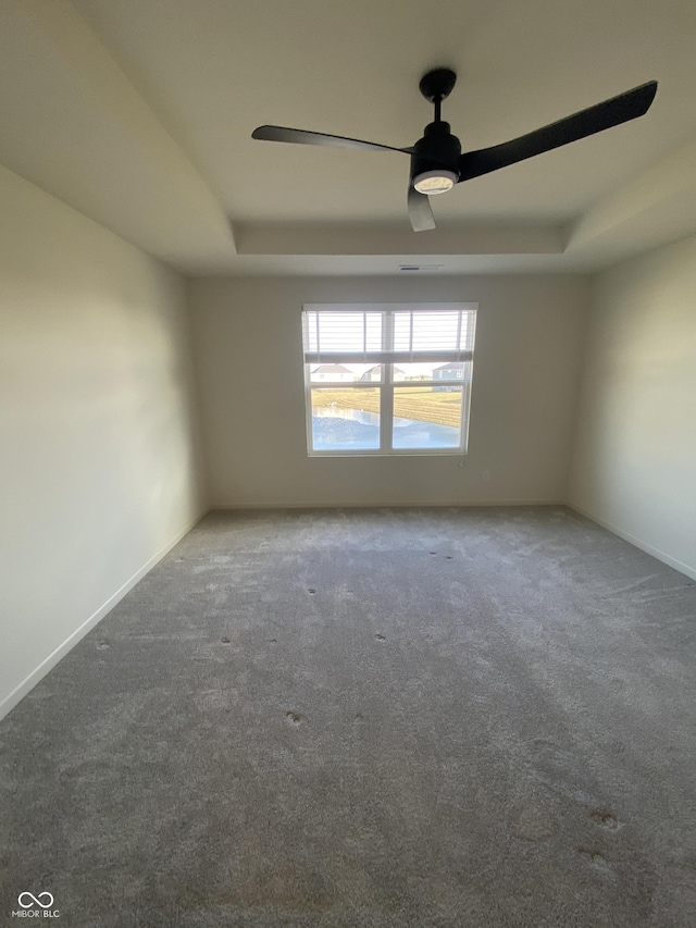 unfurnished room featuring carpet floors, a raised ceiling, and ceiling fan