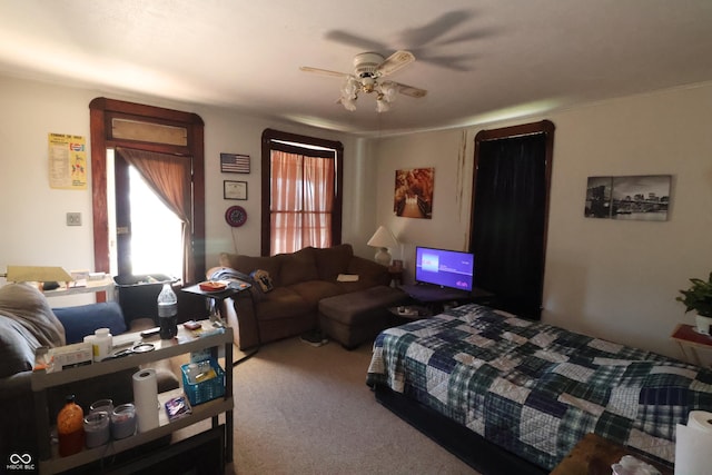 bedroom with ceiling fan and carpet floors