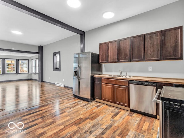 kitchen with sink, stainless steel appliances, light hardwood / wood-style flooring, and a baseboard radiator