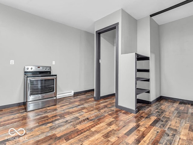 kitchen featuring stainless steel range with electric cooktop, a baseboard radiator, and dark hardwood / wood-style floors