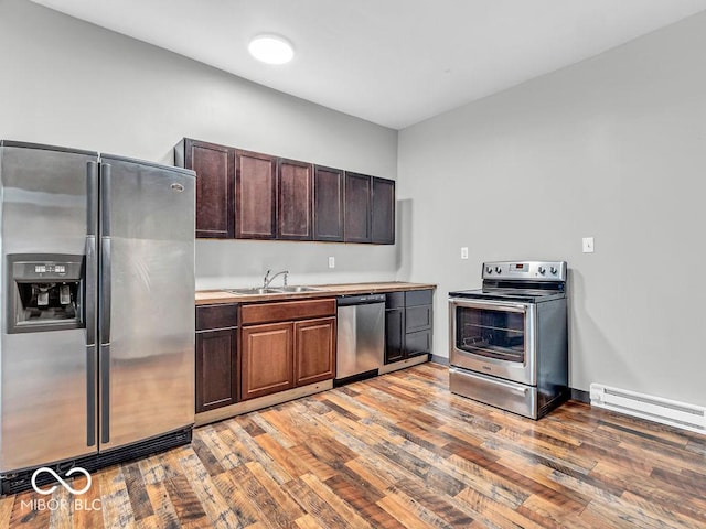 kitchen with sink, light hardwood / wood-style floors, dark brown cabinetry, a baseboard radiator, and appliances with stainless steel finishes