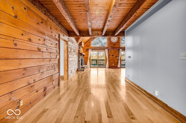 unfurnished living room with beamed ceiling, light wood-type flooring, wood ceiling, and wood walls