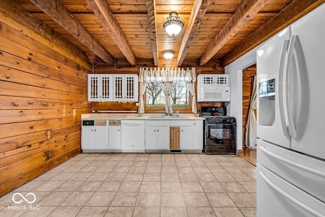 kitchen with white cabinetry, sink, wooden ceiling, and white appliances