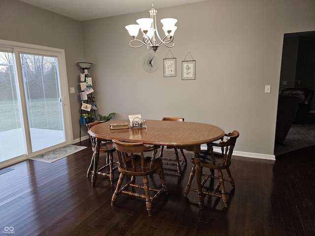 dining area featuring dark hardwood / wood-style flooring and a notable chandelier