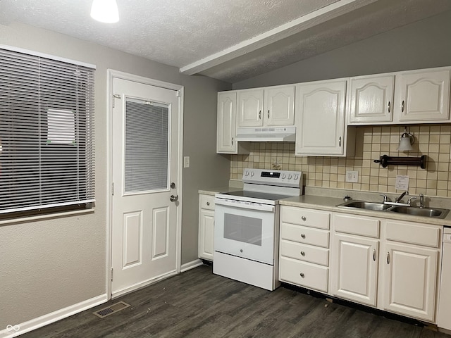 kitchen featuring tasteful backsplash, white appliances, dark wood-type flooring, sink, and white cabinets