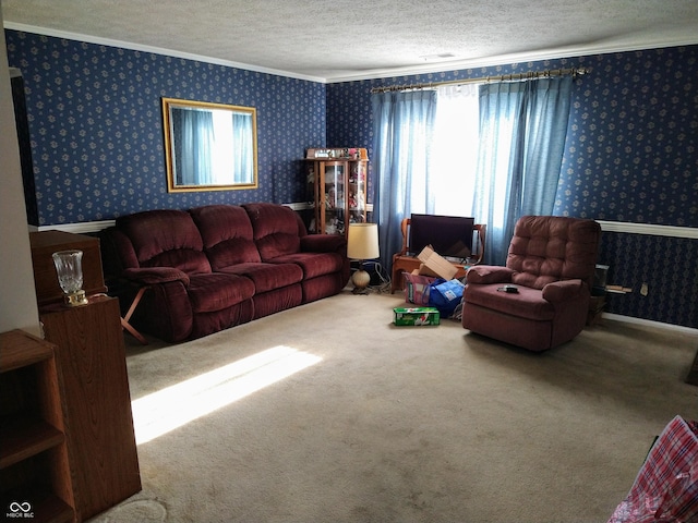 living room featuring carpet, a textured ceiling, and ornamental molding