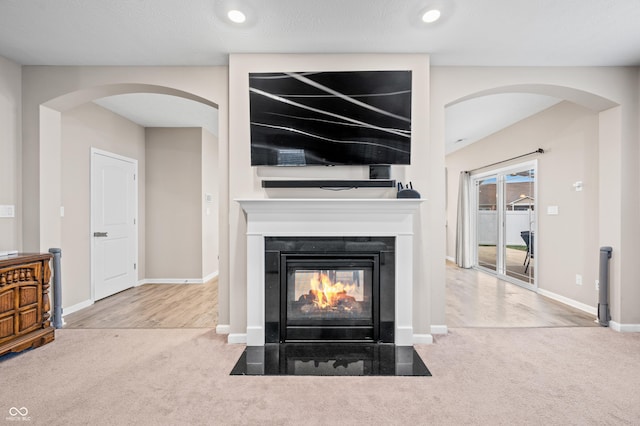 interior details featuring a multi sided fireplace and carpet flooring