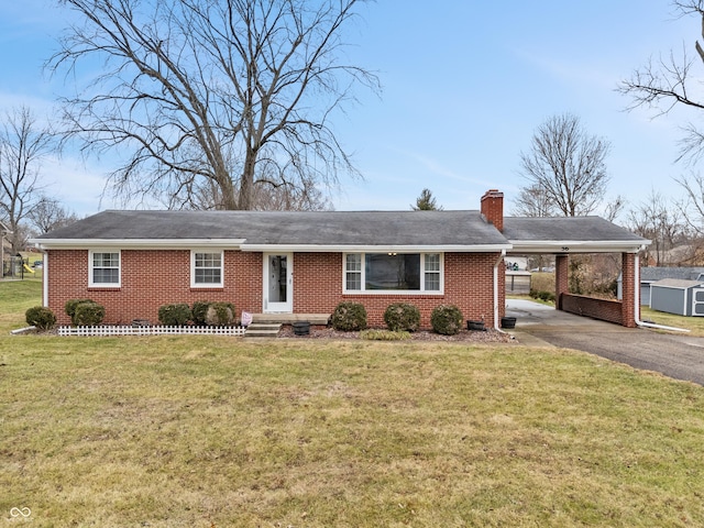 single story home featuring a front yard and a carport