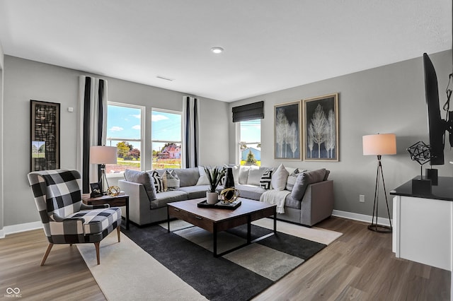 living room with dark hardwood / wood-style flooring